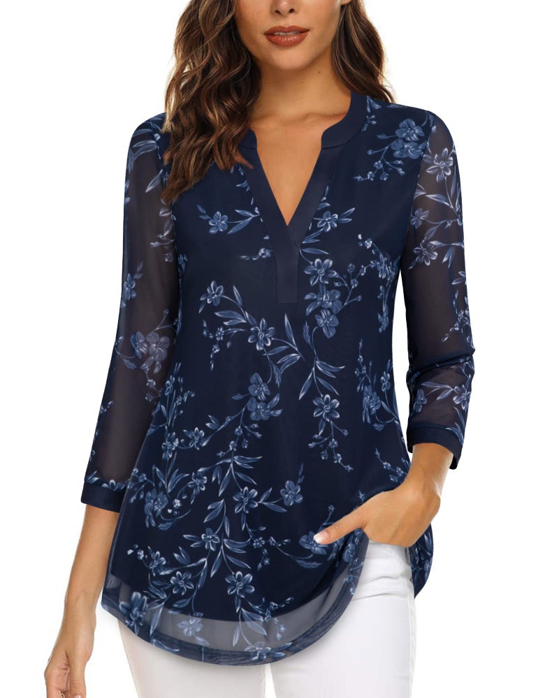 Timeson Womens Blouses and Tops Dressy,3/4 Sleeve Tunic Tops for Women Fall Work Clothes for Women Office Casual V Neck Business Attire Professional Dress Shirts Peasant Maternity Multi-blue Large - Image 1