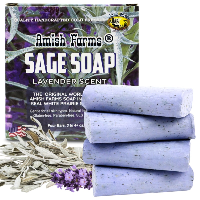 Amish Farms Sage Soap Bar Original Recipe with Bentonite Clay Lavender Scent  Handmade in USA Face  Body Soap Scrub No Parabens No SLS Gentle for Sensitive Skin 4 Bars