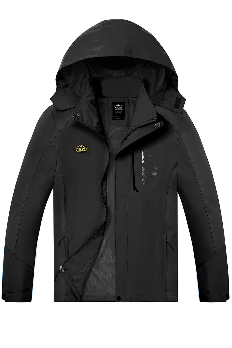TEZO Mens Rain Jacket Waterproof Hiking Coat Windproof Mountain Jacket Lightweight Windbreaker with HoodedBKBK S