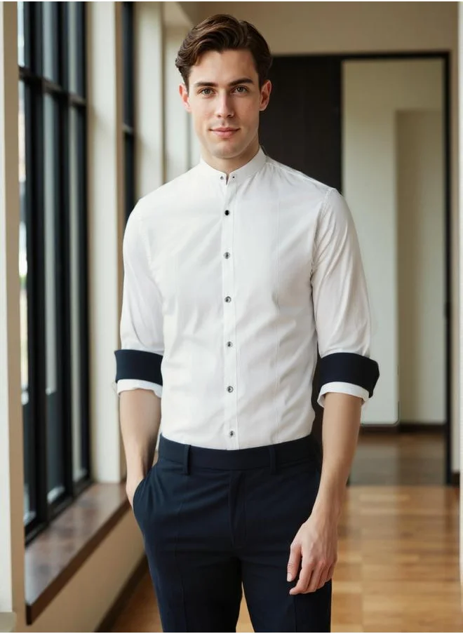Dennis Lingo Men's White Cotton Blend Solid Button Down Regular Fit Shirt