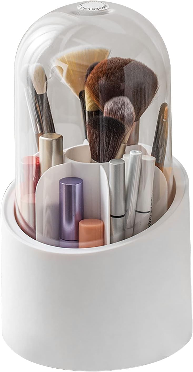 Ncry Makeup Brush Holder,360 Rotating Cosmetics Make up Brush Organizer Storage with Lid for Vanity Dustproof (White) - Image 1