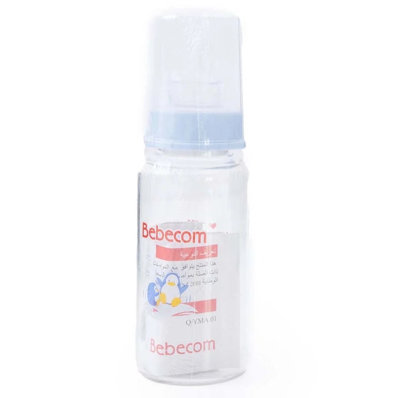 Bebecom Glass Feeding Bottle 125ml (A375), Piece of 1- Blue - Image 1