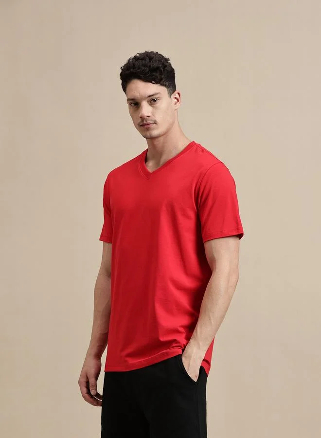 ECOLORE Men Red V Neck Slim Fit T-Shirt