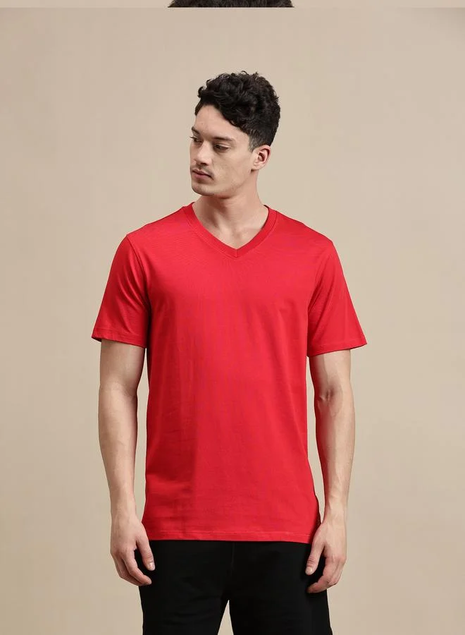 ECOLORE Men Red V Neck Slim Fit T-Shirt