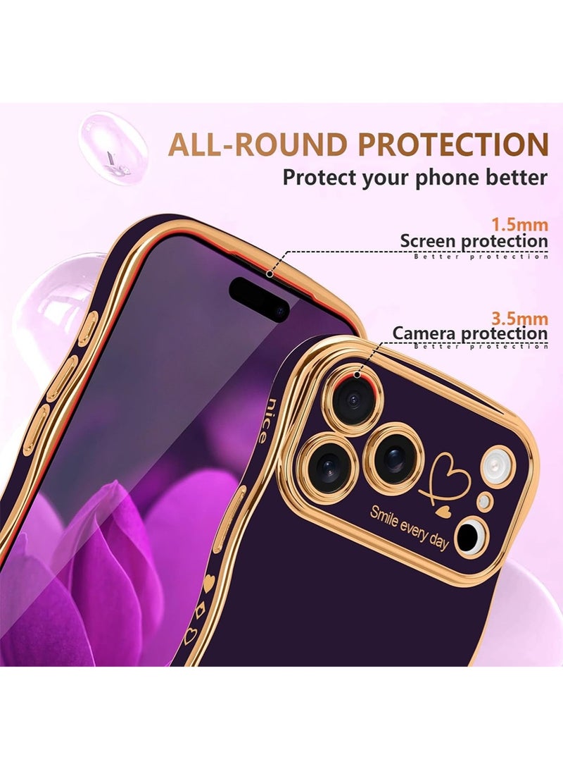 WRISTWISE Case Cover for iPhone 17 Pro Max, Cute Wave Frame Curly Shape with Love Heart Pattern Raised Camera Protection Cover Luxury Plating Shockproof Phone Case for iPhone 17 Pro Max, Purple - Image 4