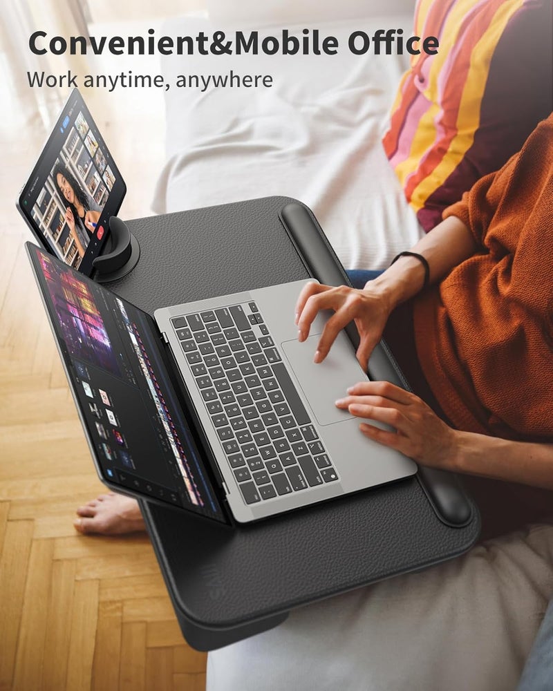 سايجي طاولة كمبيوتر محمول - تناسب أجهزة الكمبيوتر المحمولة حتى مقاس 17 بوصة، وطاولة خفيفة الوزن مع وسادة معصم جلدية ناعمة، وحامل شاشة خارجي، وطاولة كمبيوتر محمول مع وسادة للمكتب المنزلي/الألعاب على الأريكة - Image 5