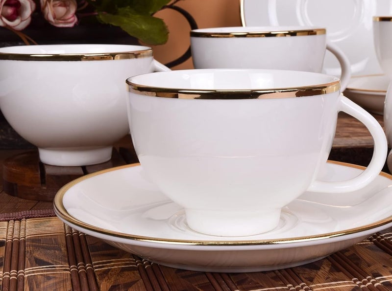 E - Ezra Bone China White Gold Line Cups and Saucer with Golden Line, 180 ml Tea Cup Set of 6 Cup and Saucer Set for Tea Milk Coffee Chai, Teacup Set - Image 3