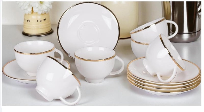 E - Ezra Bone China White Gold Line Cups and Saucer with Golden Line, 180 ml Tea Cup Set of 6 Cup and Saucer Set for Tea Milk Coffee Chai, Teacup Set - Image 5