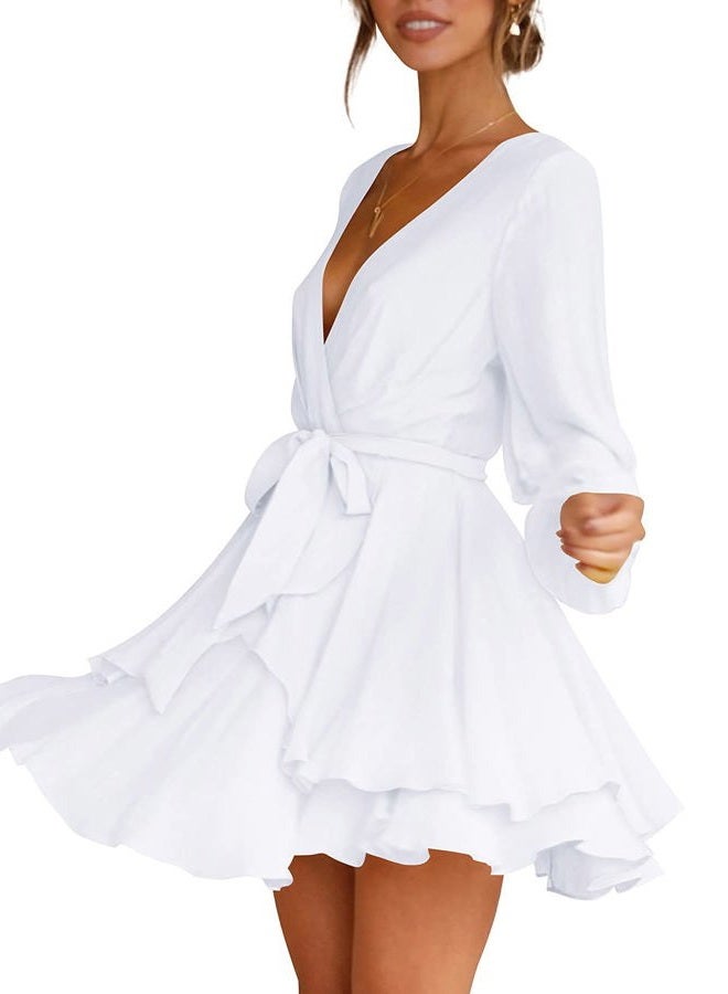 Cosonsen Womens Wedding Guest Dress V-Neck Long Lantern Sleeve Short Dresses White XS - Image 2