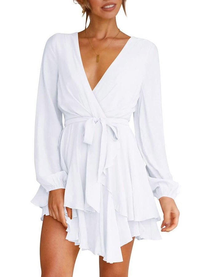 Cosonsen Womens Wedding Guest Dress V-Neck Long Lantern Sleeve Short Dresses White XS - Image 1