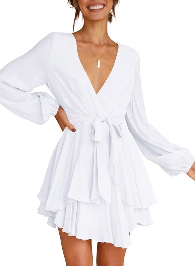 Cosonsen Womens Wedding Guest Dress V-Neck Long Lantern Sleeve Short Dresses White XS - Image 4