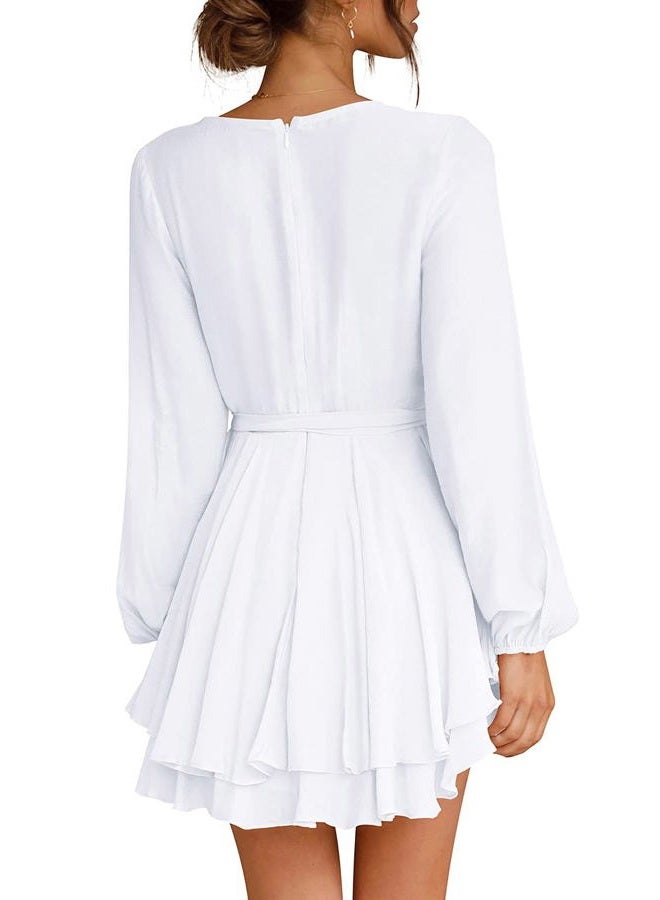 Cosonsen Womens Wedding Guest Dress V-Neck Long Lantern Sleeve Short Dresses White XS - Image 3