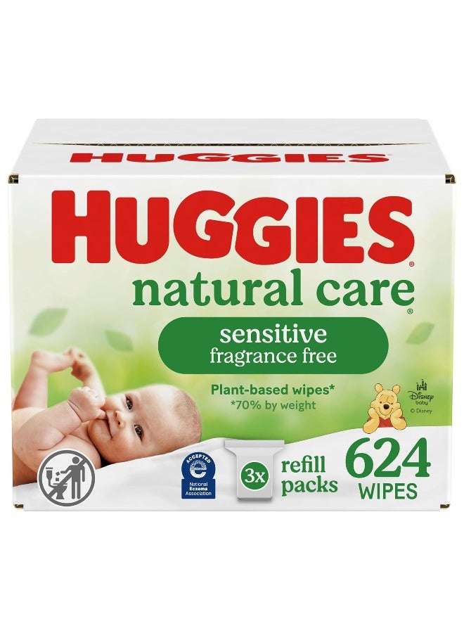 HUGGIES مناديل هاجيز الطبيعية للعناية بالبشرة الحساسة للأطفال، مضادة للحساسية، 99% ماء نقي، 3 عبوات إعادة تعبئة (624 منديل إجمالي) - Image 1