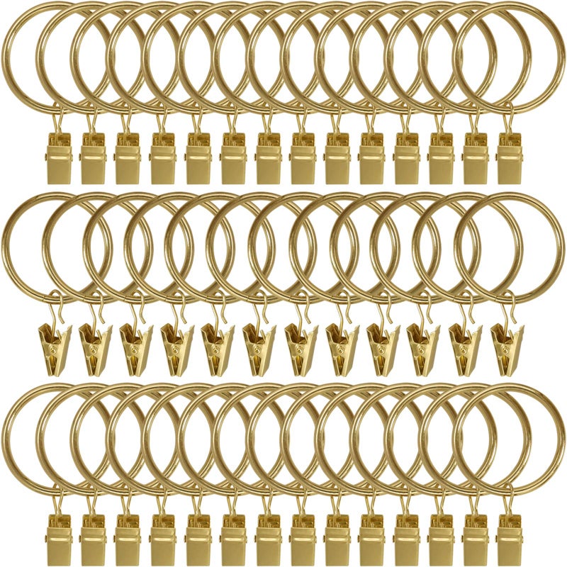 AMZSEVEN AMZSEVEN 40 Pack Metal Curtain Rings with Clips Drapery Clips Hooks Decorative Curtain Rod Clips 15 in Interior Diameter Gold 