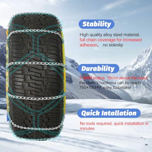 taseyok Auto Fixing Snow Chains, 2 x 12 mm, 30s Quick Installation of Tire Chains with Automatic Tensioner, Universal Emergency Tire Traction Chain for Cars, Pickups, and SUVs (HLN 160) - Image 4