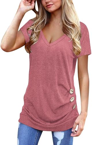 Jescakoo Summer Tops for Women Short Sleeve V Neck T Shirts Funny Fashion 2026 Pink M - Image 5
