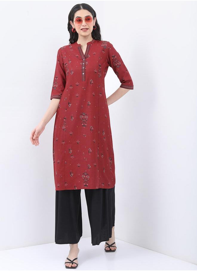 Vishudh Mandarin Collar Floral Printed Straight Kurta by Styli  - Image 1