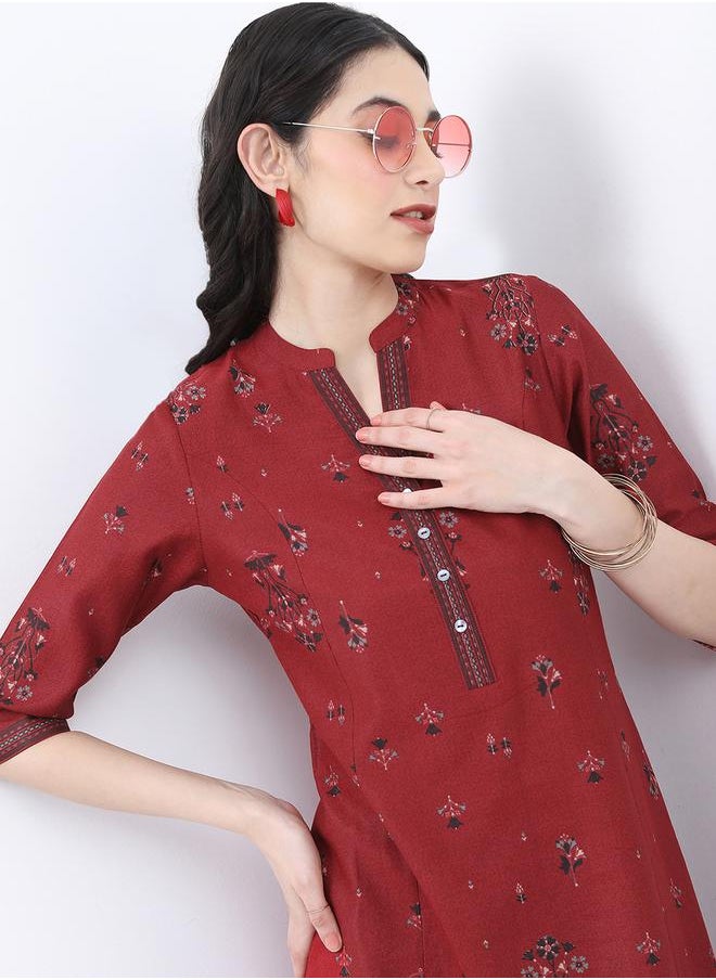 Vishudh Mandarin Collar Floral Printed Straight Kurta by Styli  - Image 2