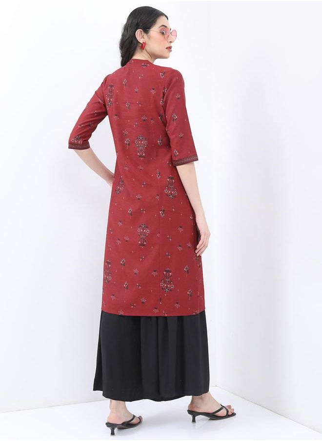Vishudh Mandarin Collar Floral Printed Straight Kurta by Styli  - Image 3