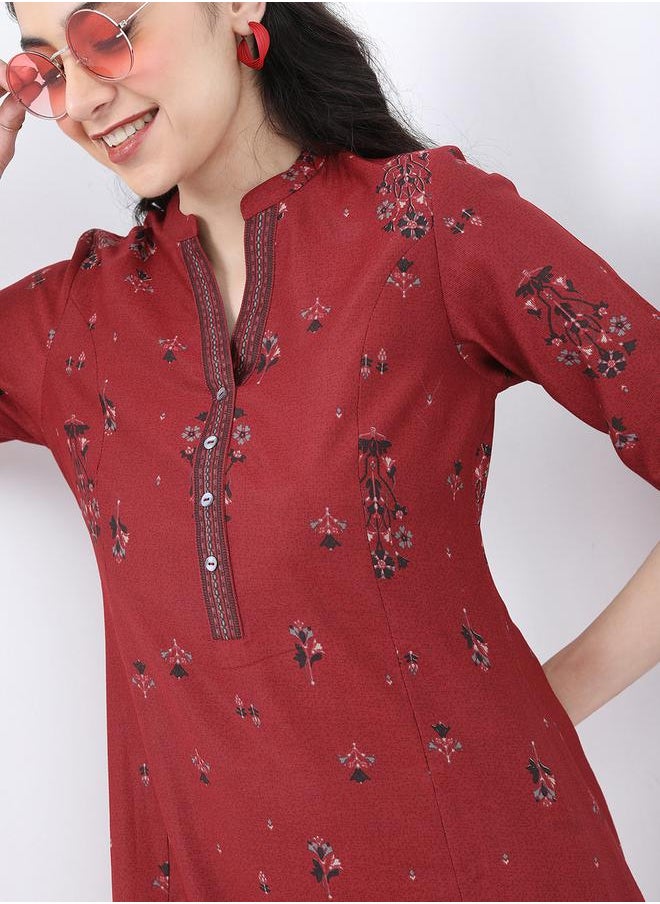 Vishudh Mandarin Collar Floral Printed Straight Kurta by Styli  - Image 5
