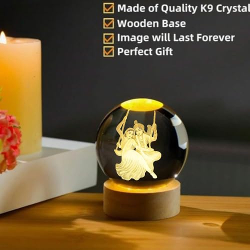 HashWOW® Radha Krishna 3D Crystal Ball Night Light with LED Wooden Stand – Glass Sphere Aquarium Style Lamp for Room Decor & Unique Gifts - Image 2