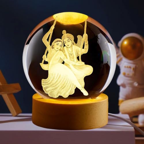 HashWOW® Radha Krishna 3D Crystal Ball Night Light with LED Wooden Stand – Glass Sphere Aquarium Style Lamp for Room Decor & Unique Gifts - Image 1