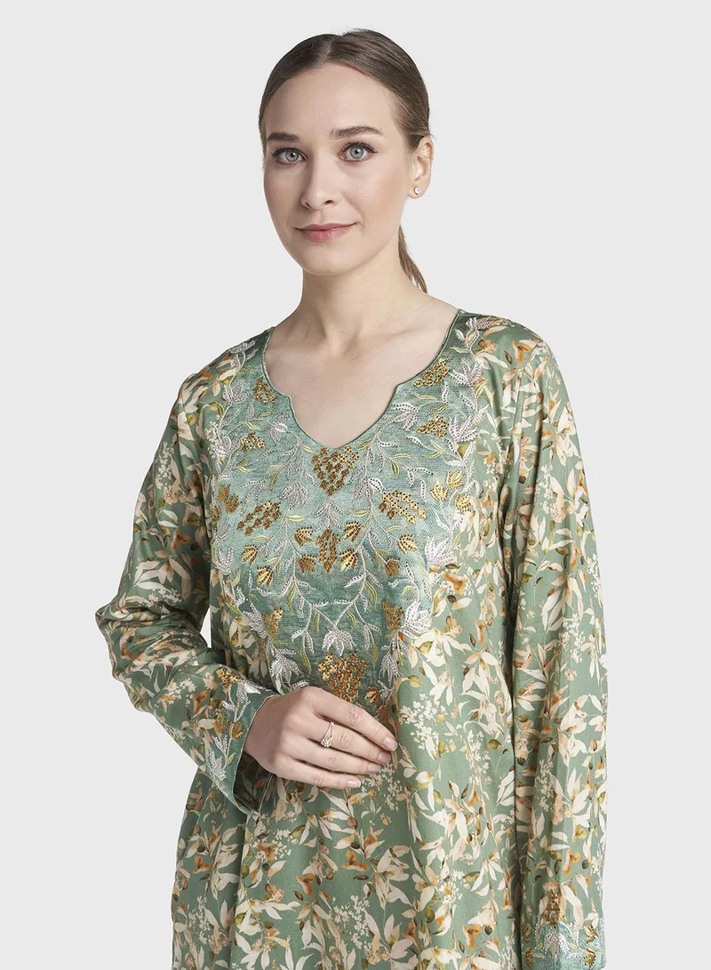 Kashkha Green Colour Stone Work Cotton Satin Leaf Printed Jalabiya (VG3280)