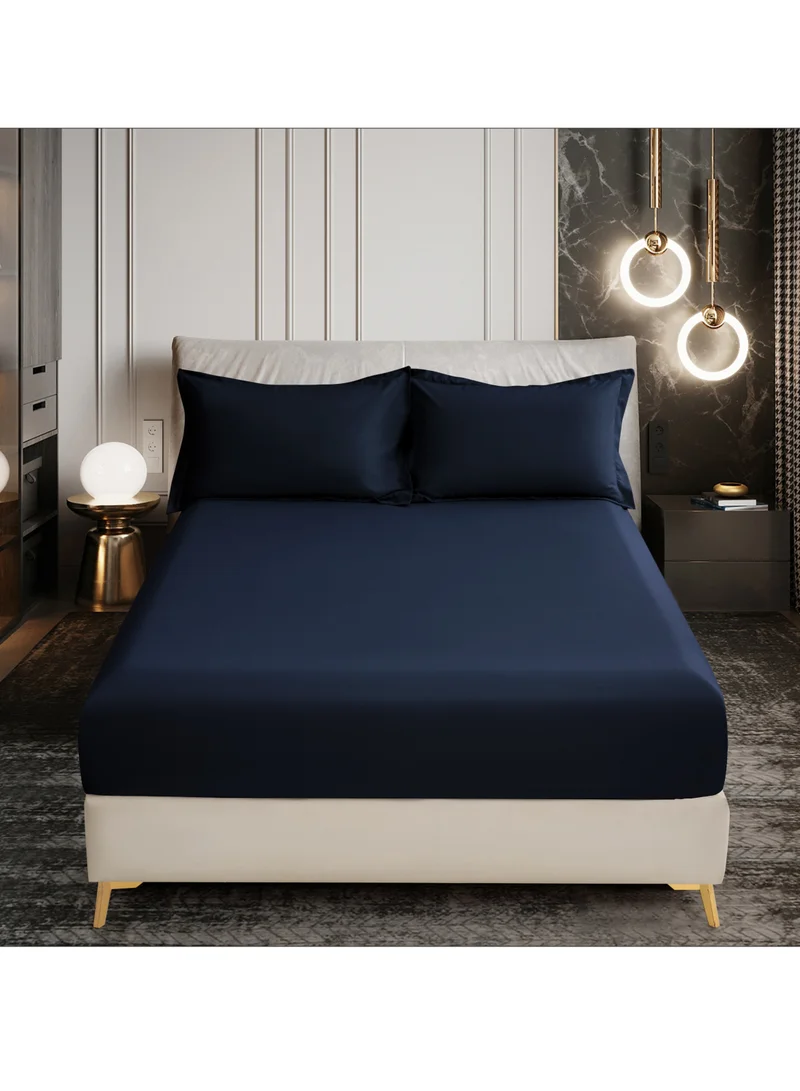 Donetella Bedding Fitted Sheet 3-Pcs King Size Solid Bed Sheet Set Fits(180x200CM) With Pillowcases And 35 CM Extra Deep Brushed Microfiber Bed Sheet,Navy