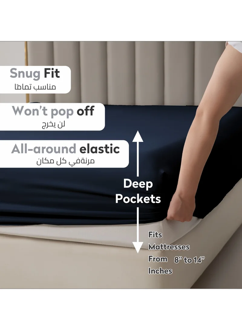 Donetella Bedding Fitted Sheet 3-Pcs King Size Solid Bed Sheet Set Fits(180x200CM) With Pillowcases And 35 CM Extra Deep Brushed Microfiber Bed Sheet,Navy
