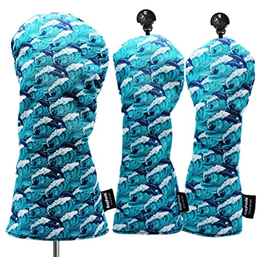 ROYMADE Golf Club Head Covers 3 Pack Waterproof Cloth Head Covers for Driver/Fairway Wood/Hybrid Fit All Golf Clubs Headcover #1#3#5 for All Brands (Dolphins Style) - Image 1