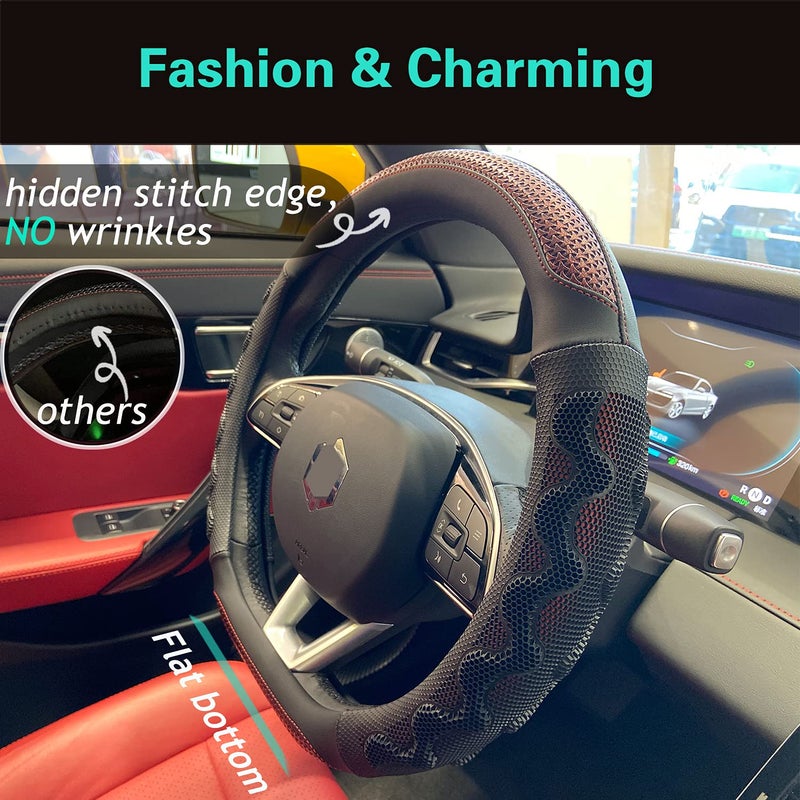 PINCTROT D Shaped 14.5-15 Inch Steering Wheel Cover Great Grip with 3D Honeycomb Anti-Slip Design, Flat Bottom 14.5-15 Inch (Wine Red) - Image 2