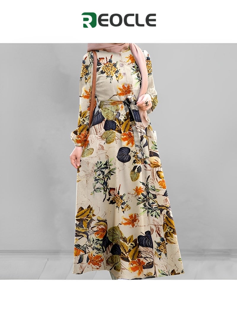 REOCLE Fashion Dress Spring Literary and National Style Retro Women's Wear Breathable Quick-drying Comfortable Cotton and Linen Pullover Round Neck A-line Skirt Dress - Image 4