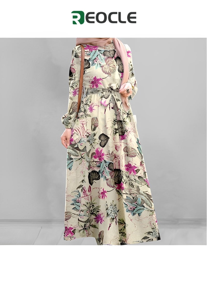 REOCLE Fashion Dress Spring Literary and National Style Retro Women's Wear Breathable Quick-drying Comfortable Cotton and Linen Pullover Round Neck A-line Skirt Dress - Image 3