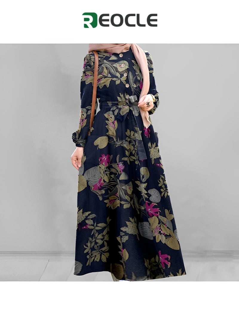 REOCLE Fashion Dress Spring Literary and National Style Retro Women's Wear Breathable Quick-drying Comfortable Cotton and Linen Pullover Round Neck A-line Skirt Dress - Image 2