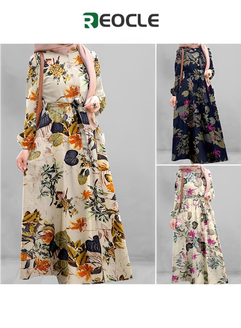 REOCLE Fashion Dress Spring Literary and National Style Retro Women's Wear Breathable Quick-drying Comfortable Cotton and Linen Pullover Round Neck A-line Skirt Dress - Image 5