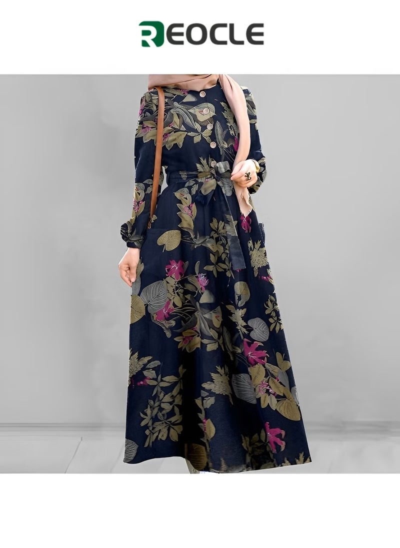 REOCLE Fashion Dress Spring Literary and National Style Retro Women's Wear Breathable Quick-drying Comfortable Cotton and Linen Pullover Round Neck A-line Skirt Dress - Image 1