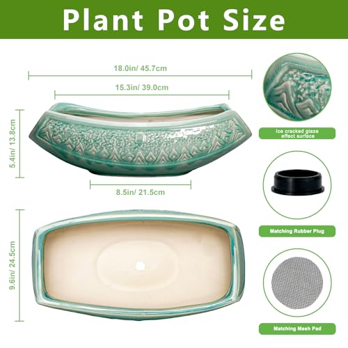 Teagas Bonsai Tree Pot - 18 Inch Ceramic Succulent Pots for Indoor Outdoor, Large Bonsai Planter with Drainage Hole, Ceramic Flower Pot, Decorative Planter, Gifts for Plant Lovers, Room Decor, Green - Image 2