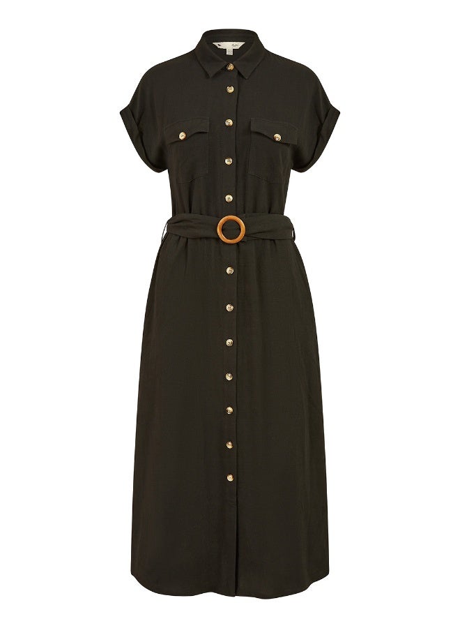 Yumi Black Viscose Linen Look Midi Shirt Dress With Wooden Belt  - Image 5
