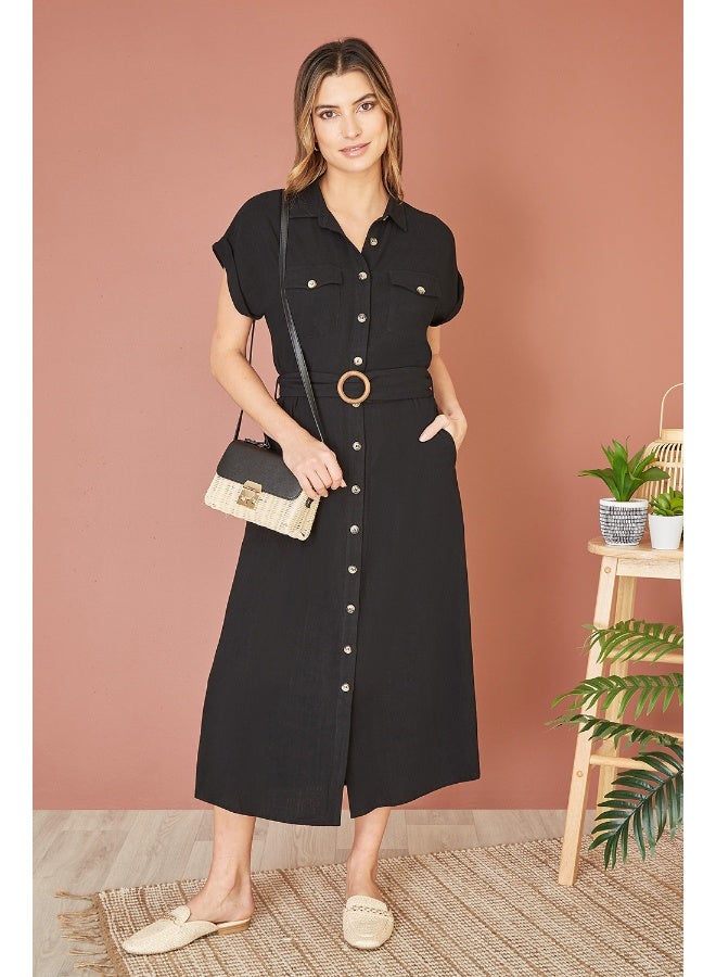 Yumi Black Viscose Linen Look Midi Shirt Dress With Wooden Belt  - Image 1