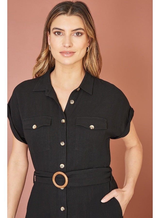 Yumi Black Viscose Linen Look Midi Shirt Dress With Wooden Belt  - Image 3