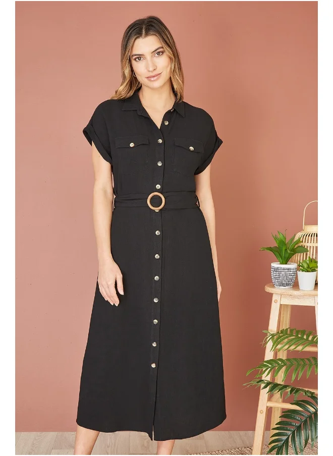 يامي Black Viscose Linen Look Midi Shirt Dress With Wooden Belt