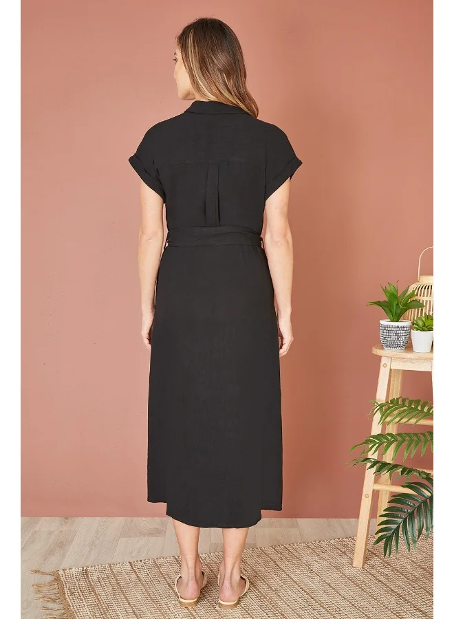 Yumi Black Viscose Linen Look Midi Shirt Dress With Wooden Belt