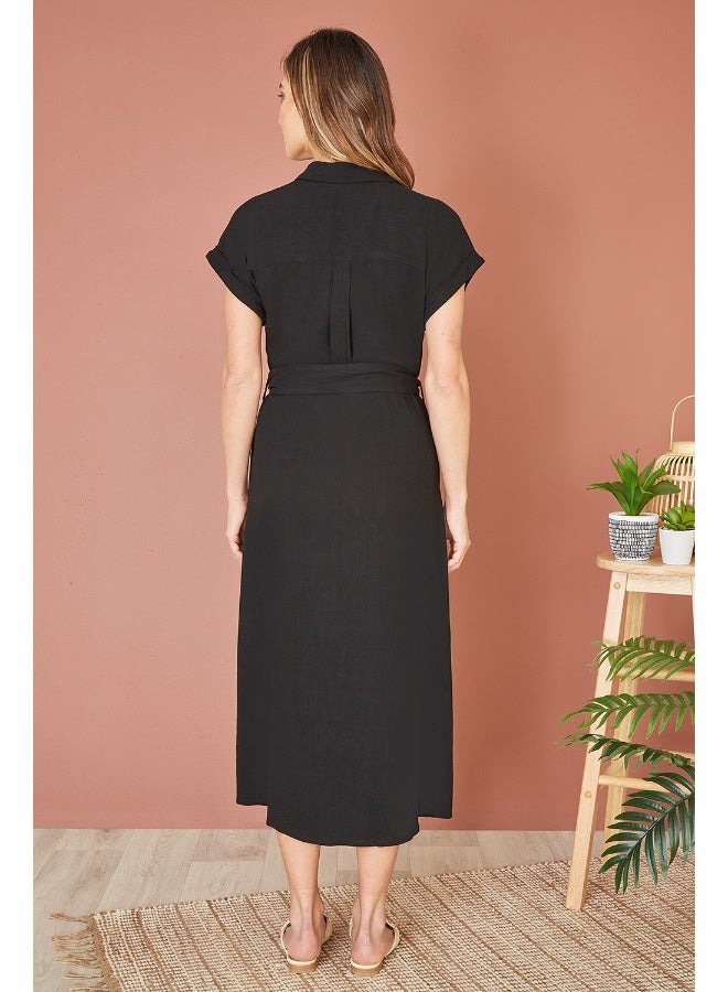 Yumi Black Viscose Linen Look Midi Shirt Dress With Wooden Belt  - Image 4