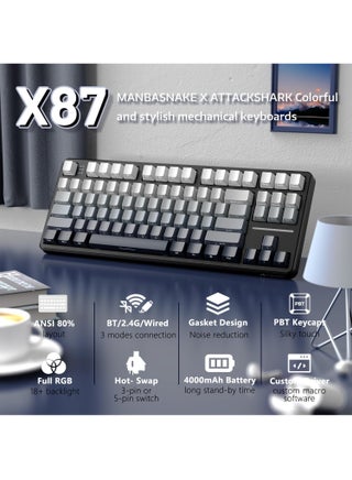 لوحة مفاتيح ميكانيكية لاسلكية X87 قابلة للتبديل السريع مع إضاءة RGB قابلة للتخصيص - أبيض | تصميم ANSI بنسبة 80%، أغطية مفاتيح PBT، بطارية 4000 مللي أمبير، إضاءة خلفية مواجهة للجنوب، مفاتيح قابلة للبرمجة ومزيتة مسبقًا، اتصال سلكي BT/2.4 جيجاهرتز/USB-C (ليلة مقمرة) - view 2