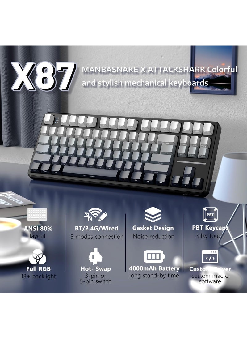 هجوم القرش - لوحة مفاتيح الألعاب الميكانيكية اللاسلكية X87، ثلاثية الأوضاع BT5.0/2.4 جيجا هرتز/حشية سلكية قابلة للتبديل السريع، لوحة مفاتيح مخصصة - Image 1