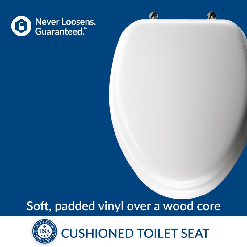 Mayfair Padded Toilet Seat with Chrome Hinges, Soft Vinyl over Wood Core Seat, Made in USA, Elongated, White - Image 2