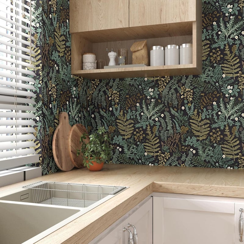 Laatse Black Botanical Peel and Stick Wallpaper, Green Golden Fern Leaf Contact Paper 17.5" x 393.7", Jungle Wall Paper Murals Removable Self Adhesive Waterproof for Room Walls Shelf Cabinet Drawer Table - Image 3