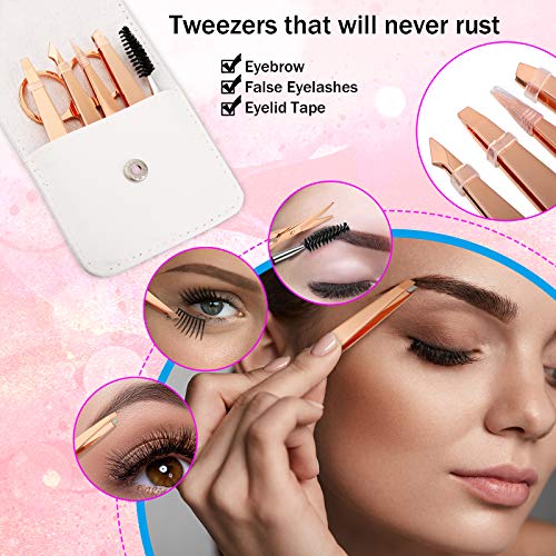 Honoson 6 Pcs Eyebrow Tweezers Set for Women Precision Tweezer for Eyebrows with Curved Scissors Eyelash Brush Girls Facial Hair Plucking Daily Beauty Tools with Leather Storage Case(Cute Color) - Image 3