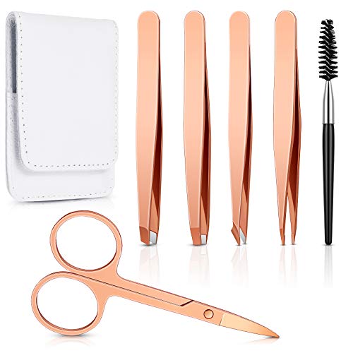 Honoson 6 Pcs Eyebrow Tweezers Set for Women Precision Tweezer for Eyebrows with Curved Scissors Eyelash Brush Girls Facial Hair Plucking Daily Beauty Tools with Leather Storage Case(Cute Color) - Image 1