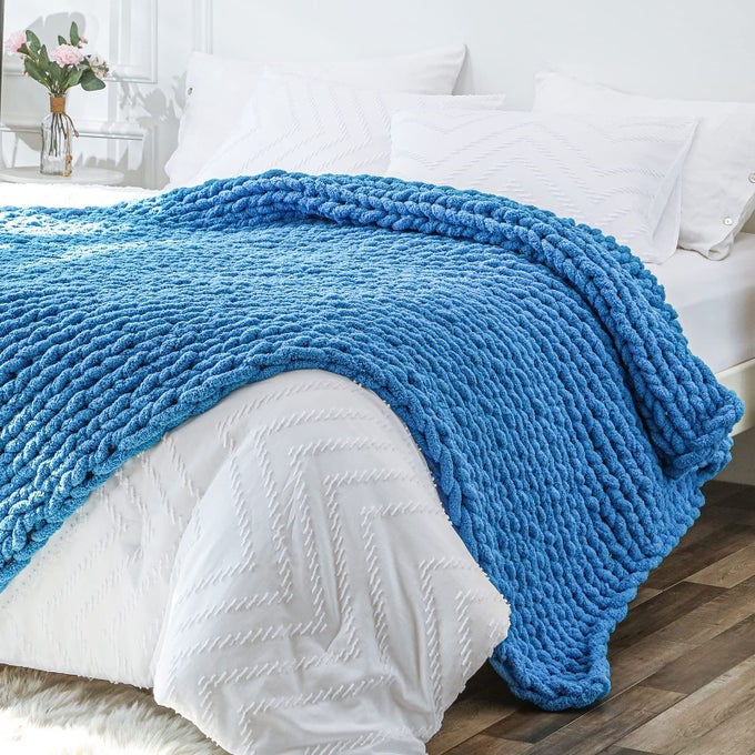 CHUNKY KNIT THROW BLANKET FOR COUCH 51X63 INCHES 100 HAND KNITTED WITH THICK JUMBO CHENILLE YARN COZY SOFT LARGE ROPE KNOT CABLE CROCHET BLANKETS FOR SOFA BED LIVING ROOM BRIGHT BLUE